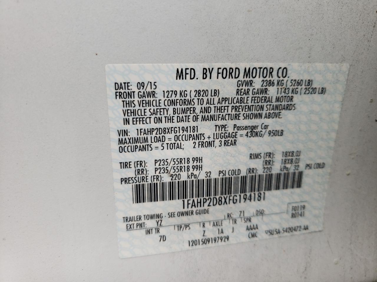 Photo 11 from auction – 2015 FORD TAURUS SE with VIN 1FAHP2D8XFG194181