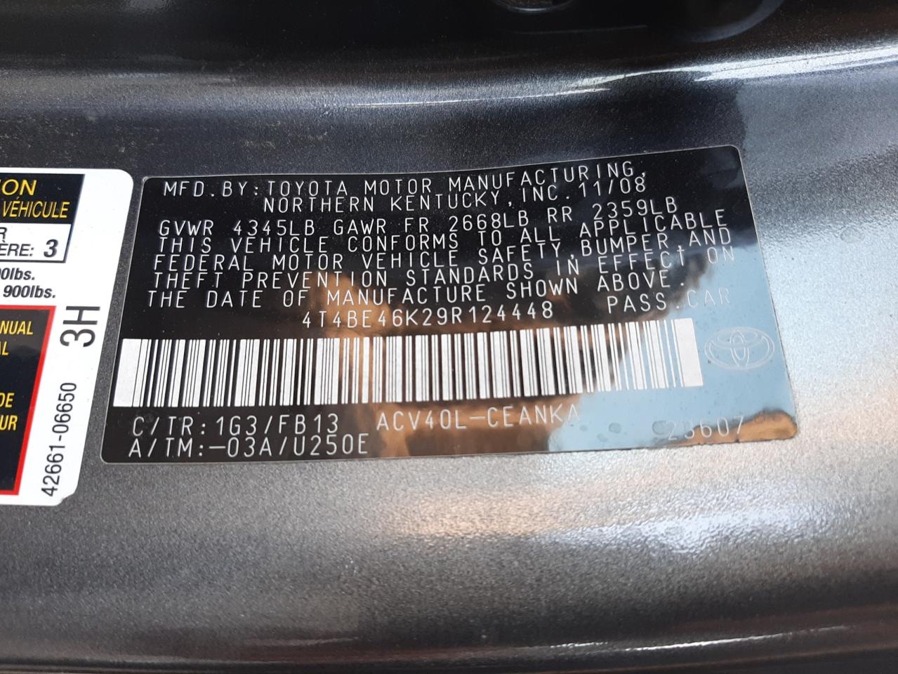 Photo 11 from auction – 2009 TOYOTA CAMRY BASE with VIN 4T4BE46K29R124448