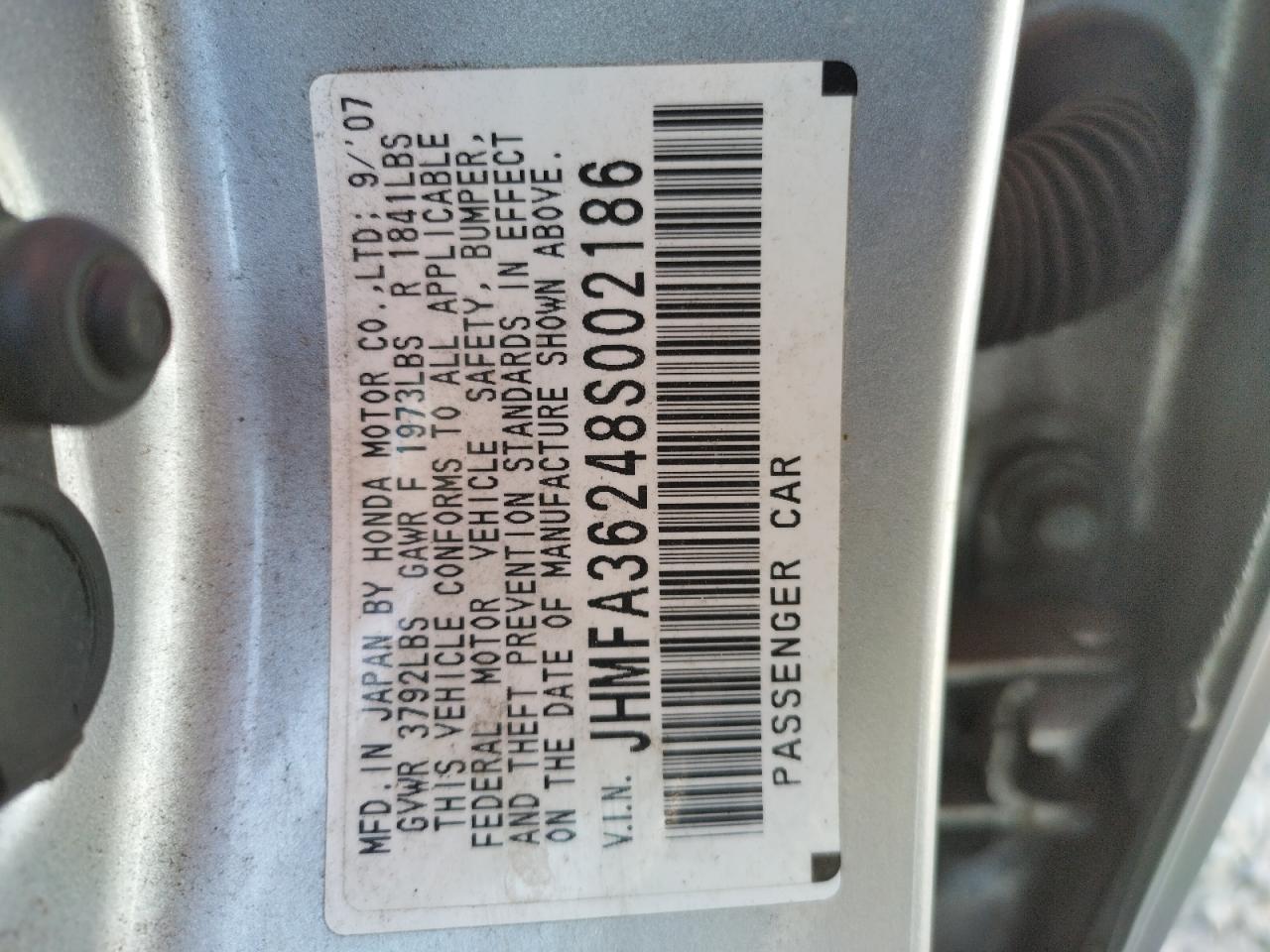 Photo 10 from auction – 2008 HONDA CIVIC HYBR with VIN JHMFA36248S002186