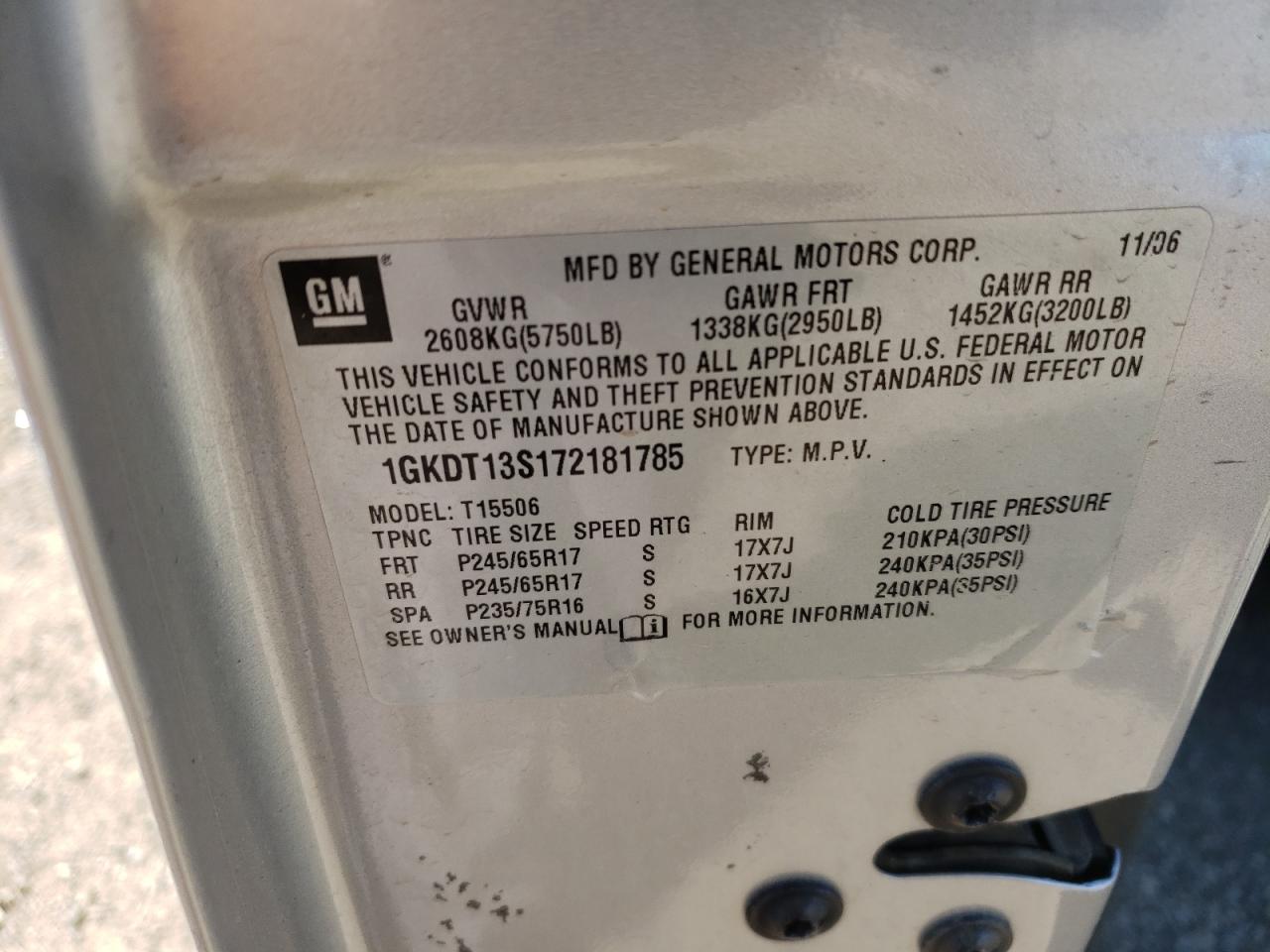 Photo 10 from auction – 2007 GMC ENVOY with VIN 1GKDT13S172181785