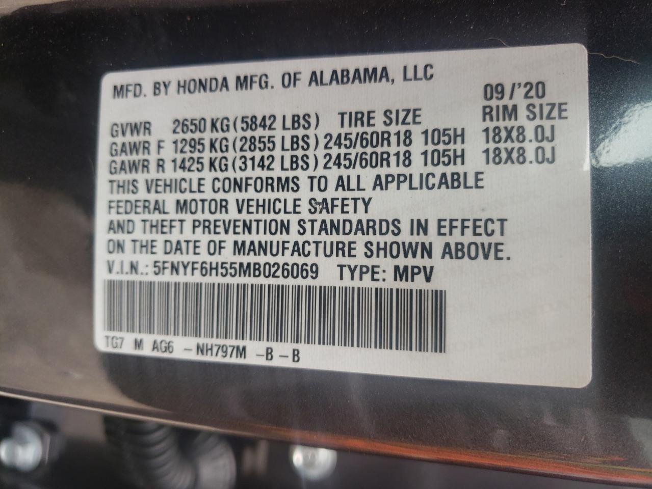 Photo 10 from auction – 2021 HONDA PILOT EXL with VIN 5FNYF6H55MB026069