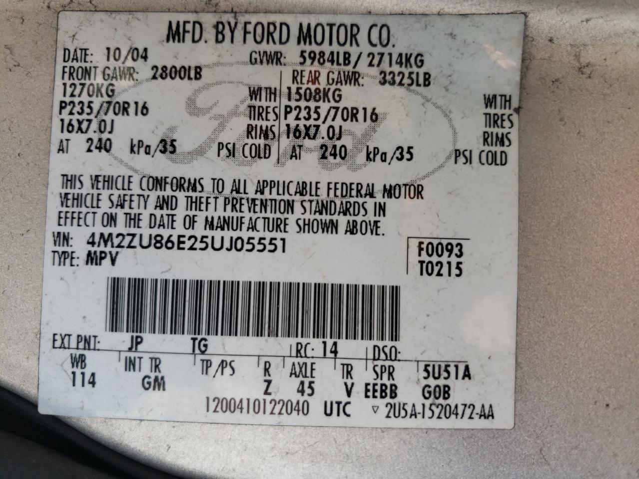 Photo 10 from auction – 2005 MERCURY MOUNTAINEE with VIN 4M2ZU86E25UJ05551