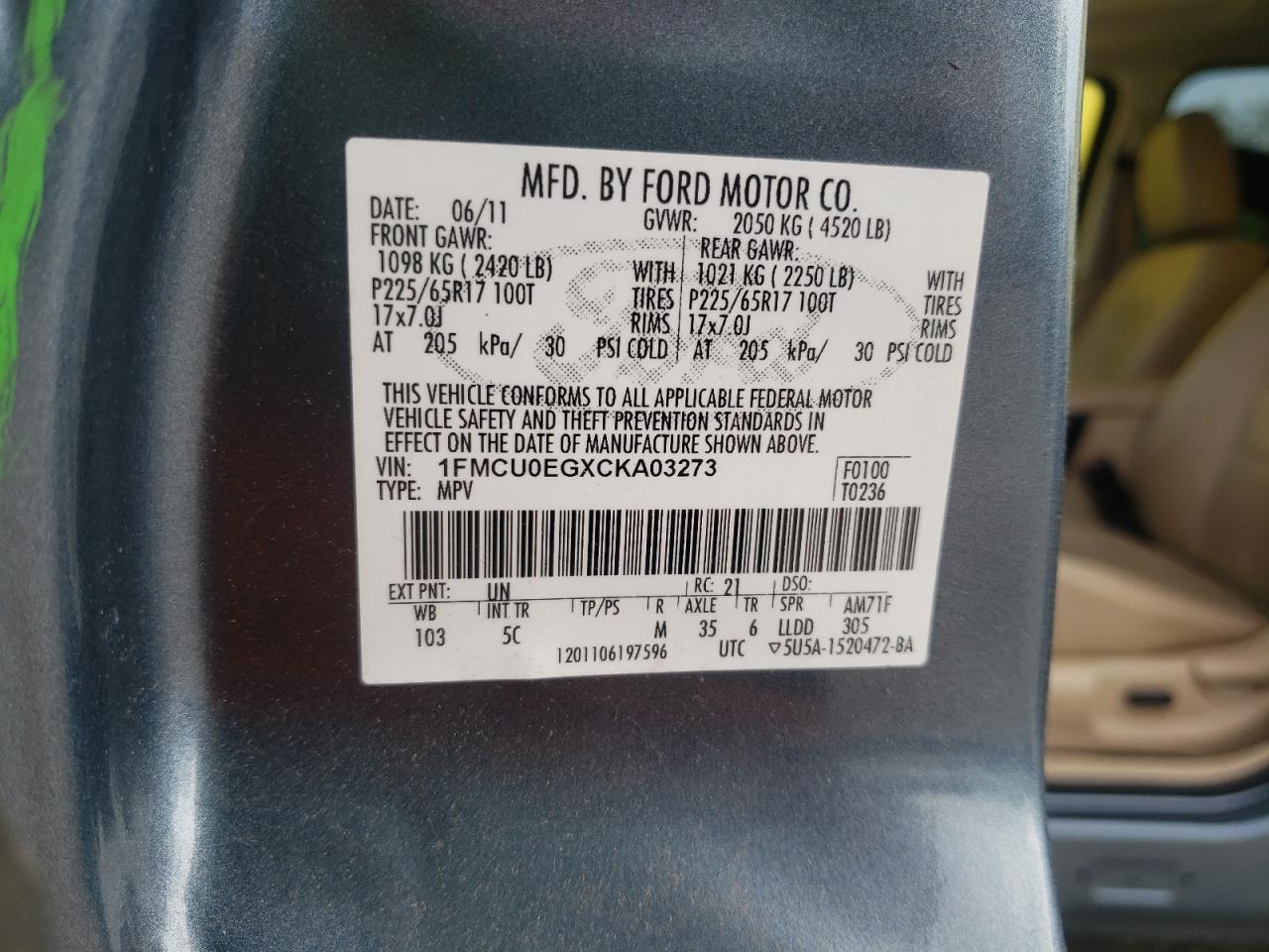 Photo 10 from auction – 2012 FORD ESCAPE LIM with VIN 1FMCU0EGXCKA03273