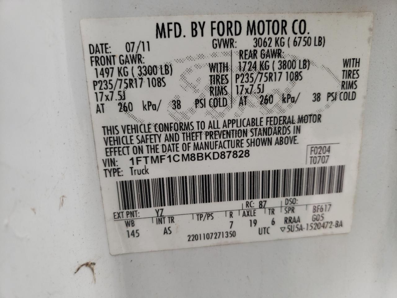 Photo 10 from auction – 2011 FORD F150 with VIN 1FTMF1CM8BKD87828