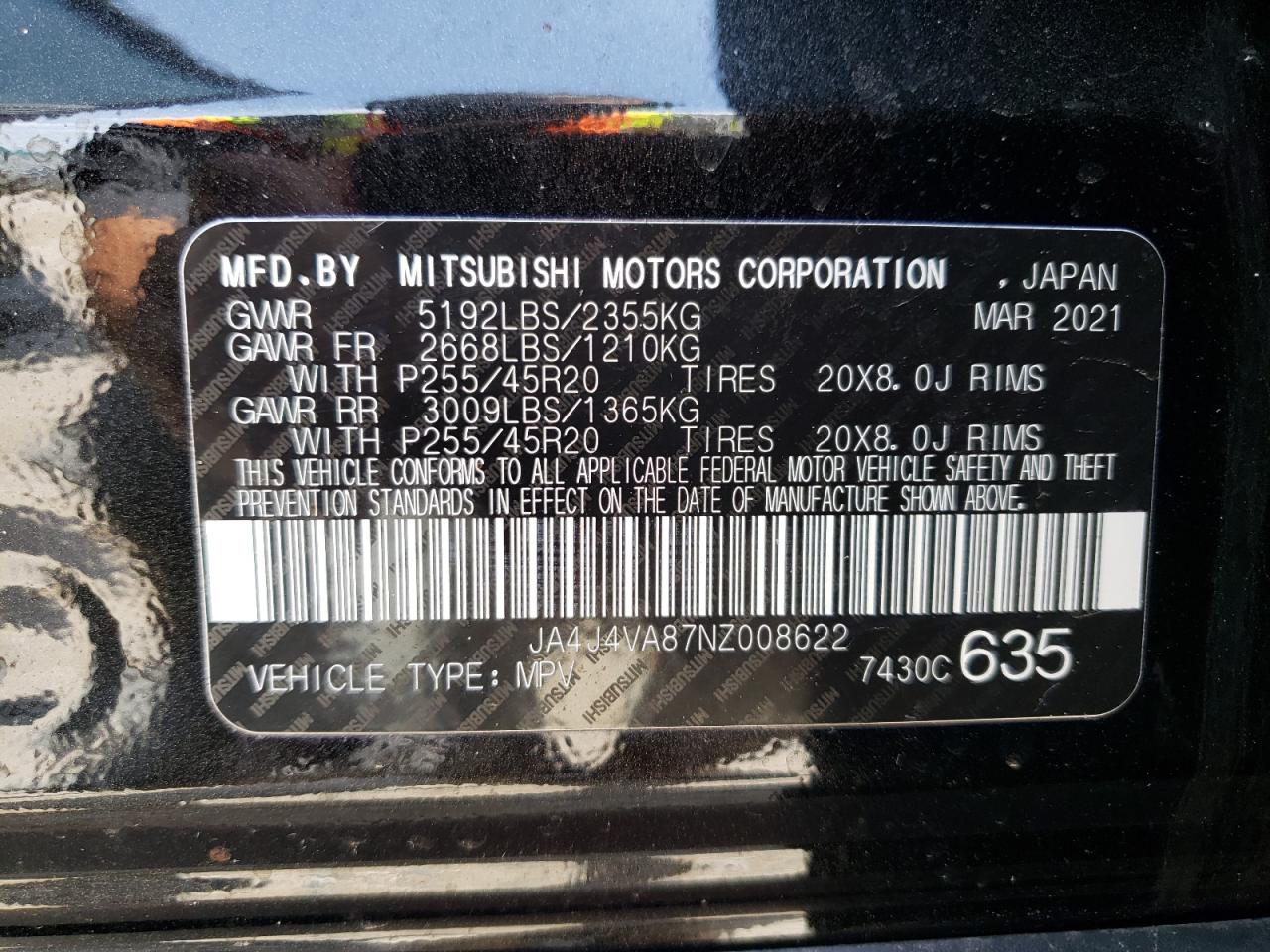 Photo 10 from auction – 2022 MITSUBISHI OUTLANDER with VIN JA4J4VA87NZ008622