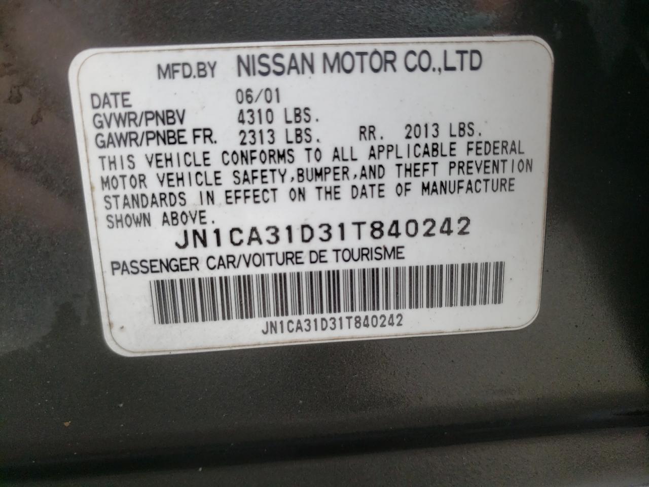 Photo 10 from auction – 2001 NISSAN MAXIMA GXE with VIN JN1CA31D31T840242