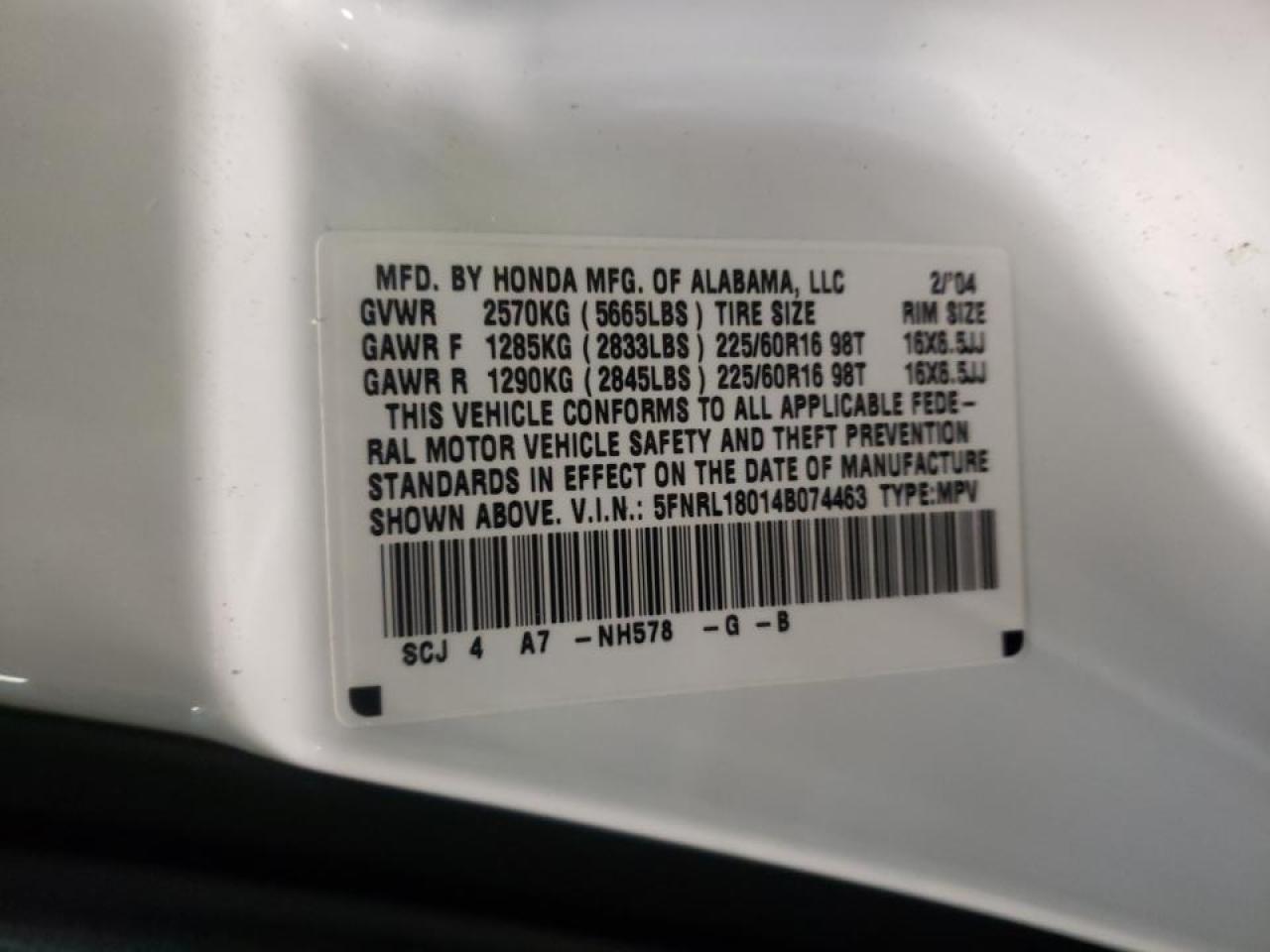 Photo 10 from auction – 2004 HONDA ODYSSEY EX with VIN 5FNRL18014B074463