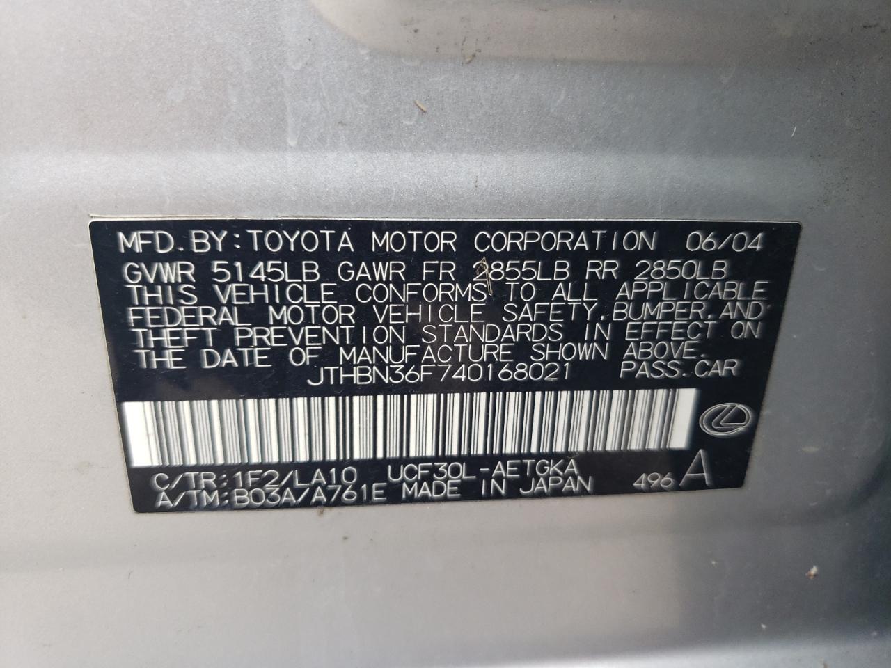 Photo 10 from auction – 2004 LEXUS LS 430 with VIN JTHBN36F740168021