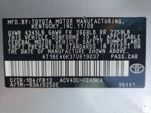 Photo 10 from auction – 2007 TOYOTA CAMRY CE with VIN 4T1BE46K37U619037