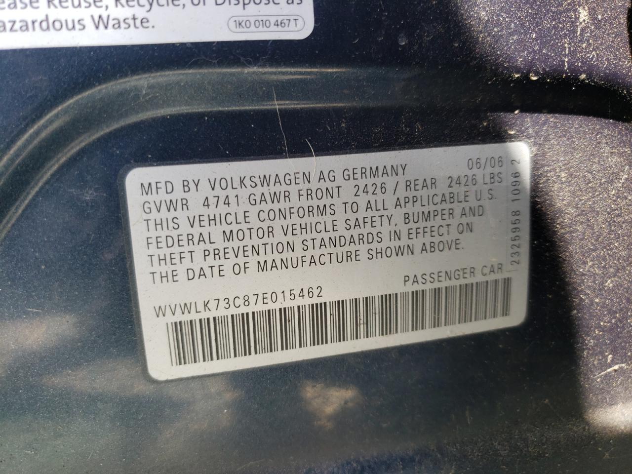 Photo 10 from auction – 2007 VOLKSWAGEN PASSAT 2.0 with VIN WVWLK73C87E015462