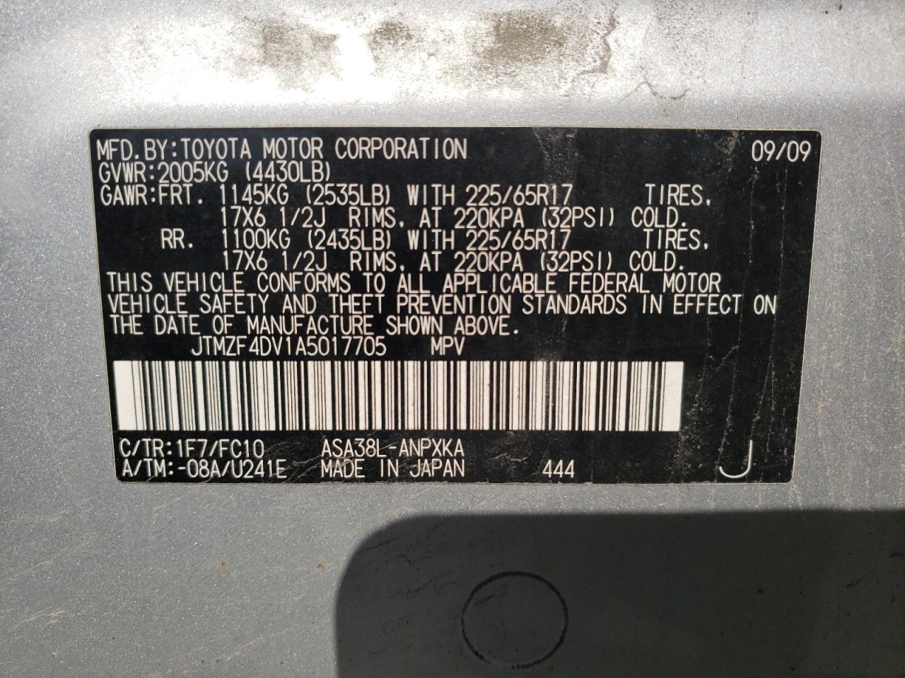 Photo 10 from auction – 2010 TOYOTA RAV4 with VIN JTMZF4DV1A5017705
