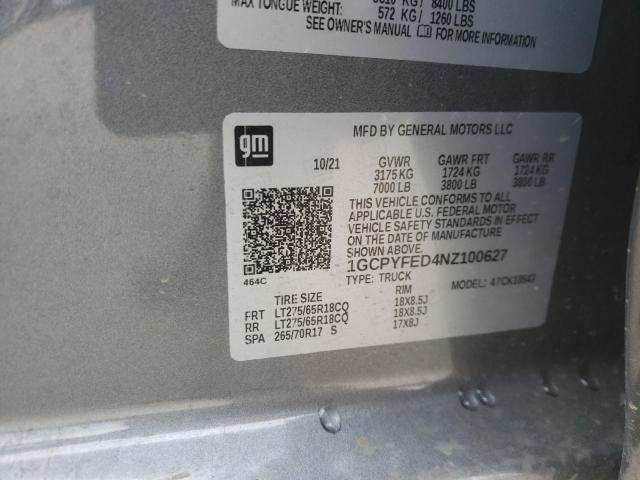 Photo 10 from auction – 2022 CHEVROLET SILVERADO with VIN 1GCPYFED4NZ100627