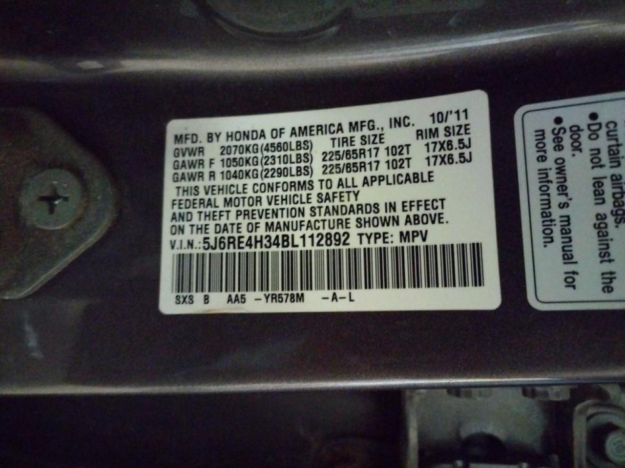 Photo 20 from auction – 2011 HONDA CR-V LX with VIN 5J6RE4H34BL112892