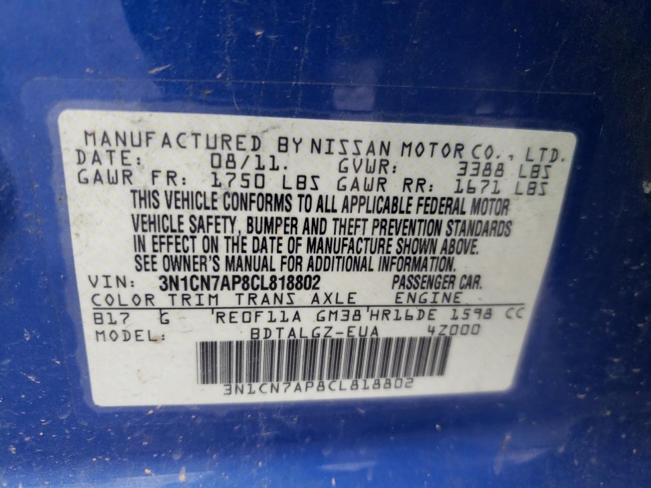 Photo 10 from auction – 2012 NISSAN VERSA S with VIN 3N1CN7AP8CL818802