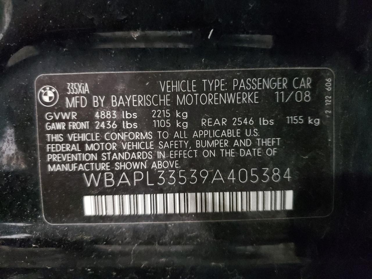 Photo 10 from auction – 2009 BMW 335 XI with VIN WBAPL33539A405384