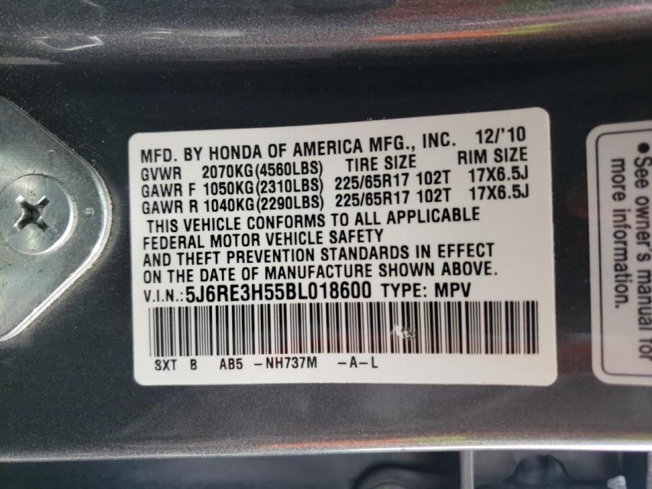 Photo 10 from auction – 2011 HONDA CR-V EX with VIN 5J6RE3H55BL018600