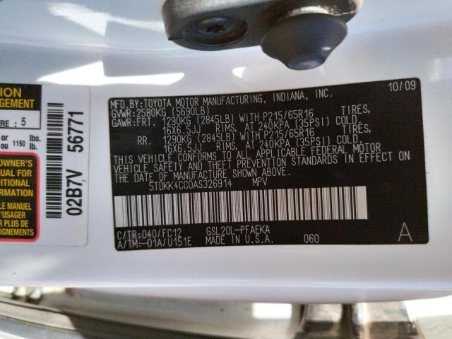 Photo 10 from auction – 2010 TOYOTA SIENNA CE with VIN 5TDKK4CC0AS326914
