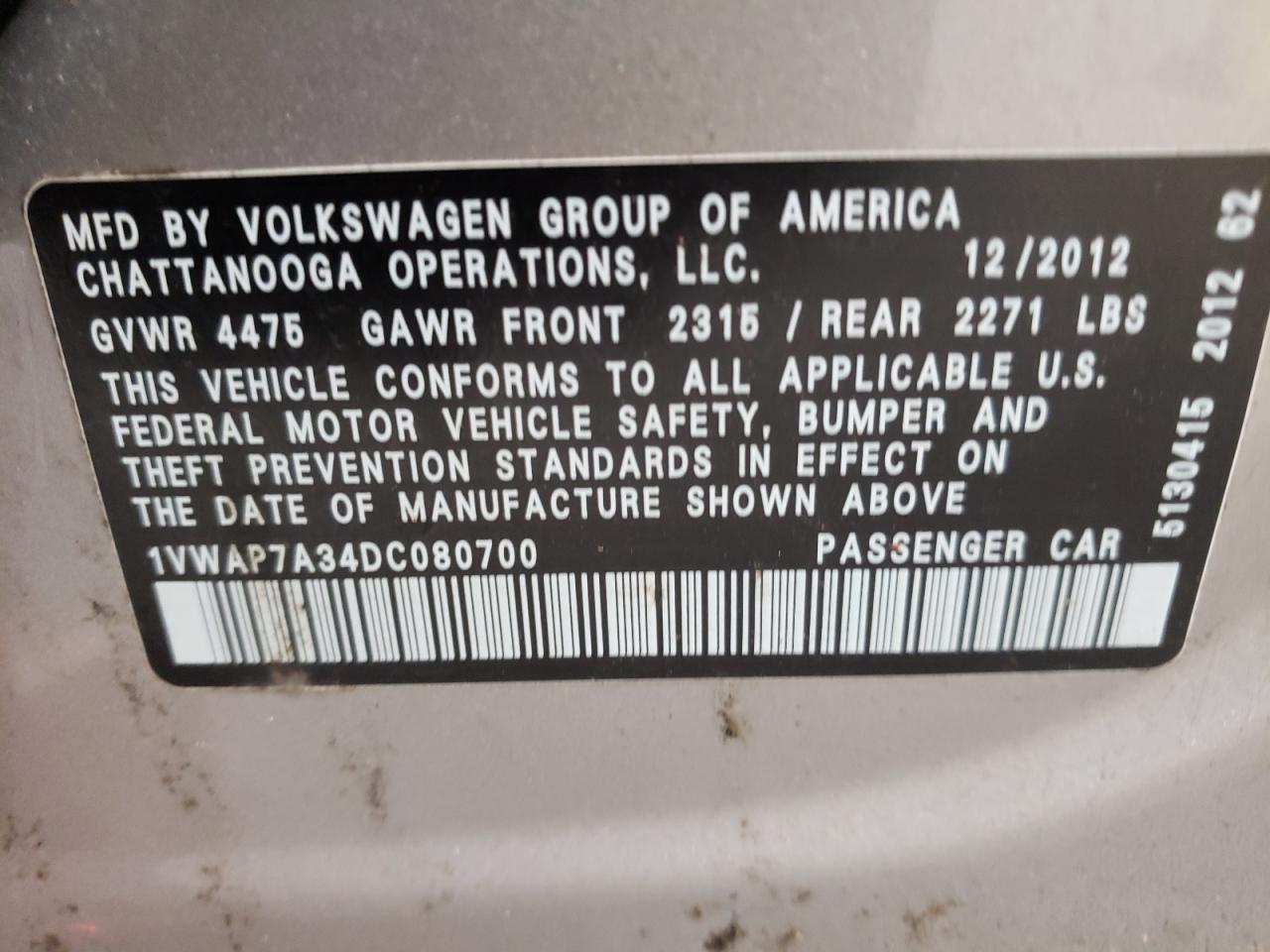 Photo 11 from auction – 2013 VOLKSWAGEN PASSAT S with VIN 1VWAP7A34DC080700
