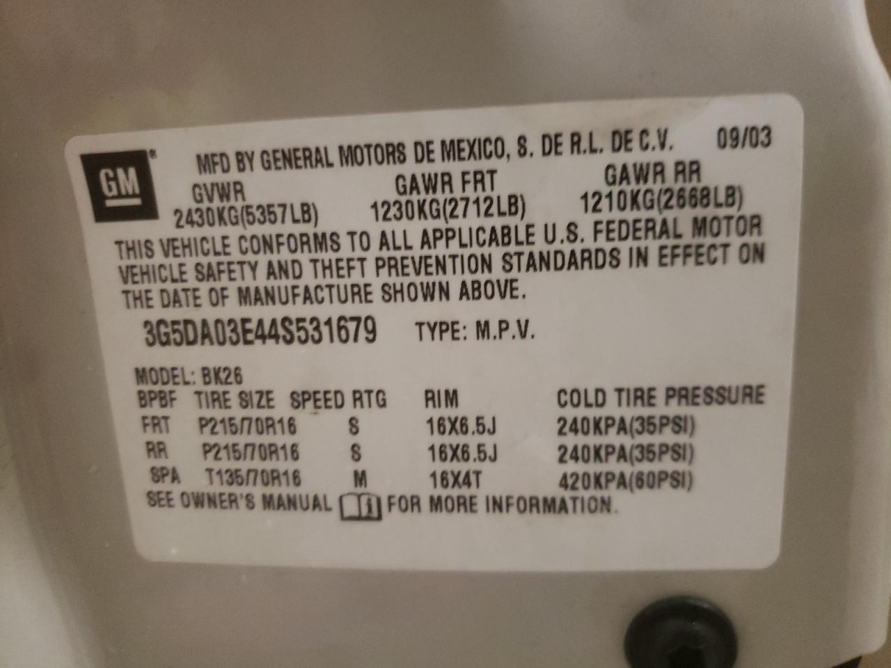 Photo 10 from auction – 2004 BUICK RENDEZVOUS with VIN 3G5DA03E44S531679