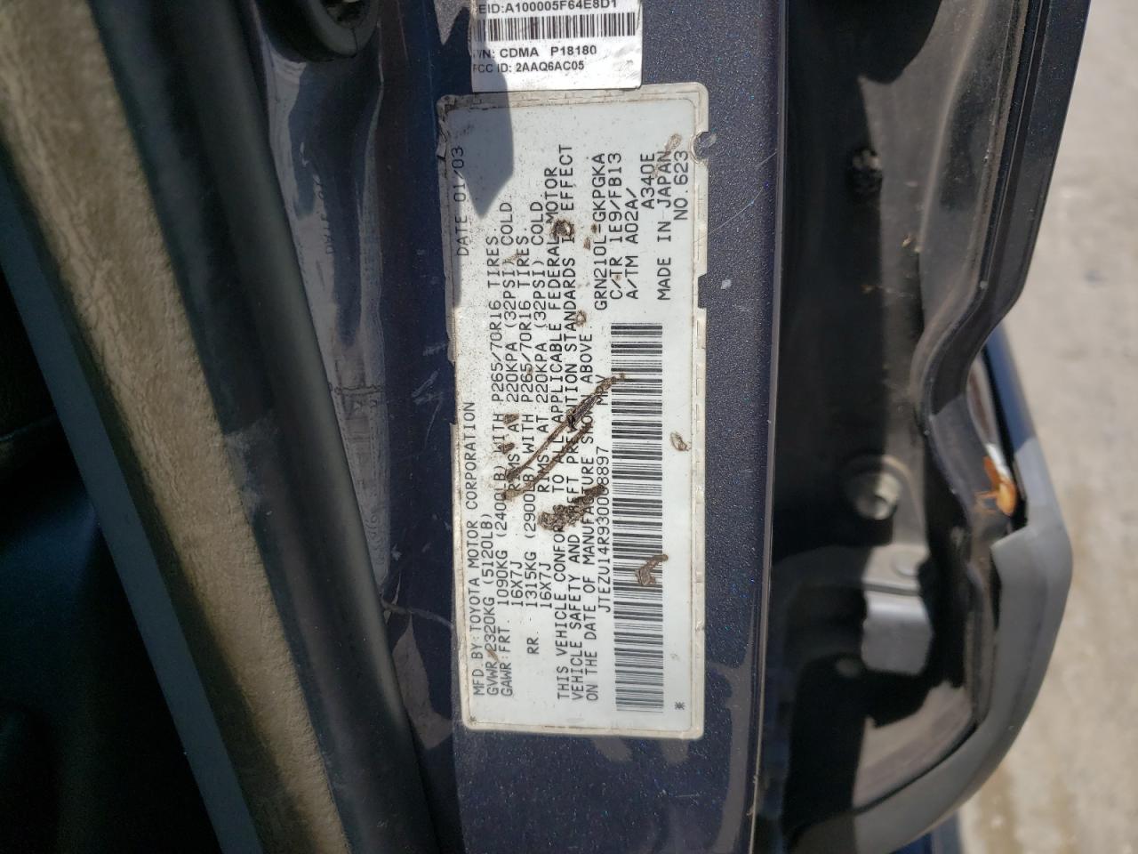 Photo 10 from auction – 2003 TOYOTA 4RUNNER SR with VIN JTEZU14R930008897