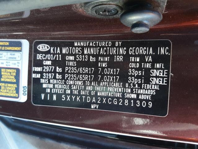 Photo 10 from auction – 2012 KIA SORENTO BA with VIN 5XYKTDA2XCG281309