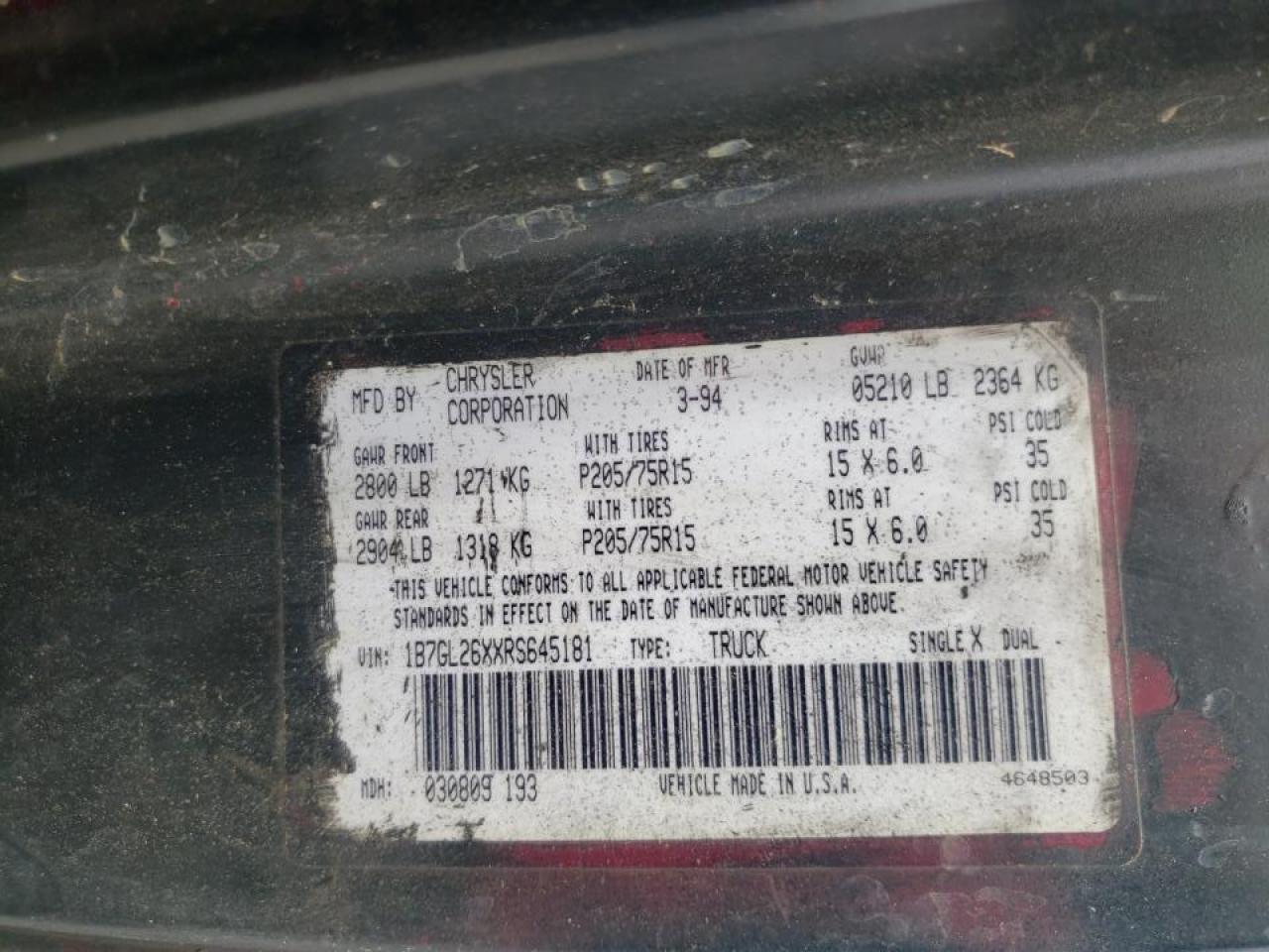 Photo 10 from auction – 1994 DODGE DAKOTA with VIN 1B7GL26XXRS645181