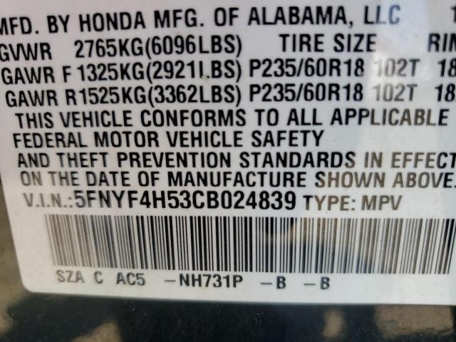 Photo 10 from auction – 2012 HONDA PILOT EXL with VIN 5FNYF4H53CB024839
