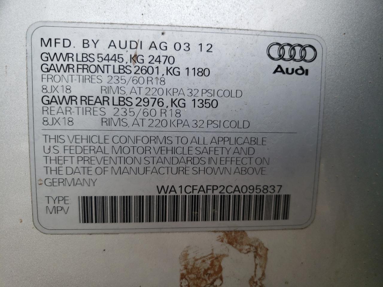 Photo 11 from auction – 2012 AUDI Q5 PREMIUM with VIN WA1CFAFP2CA095837