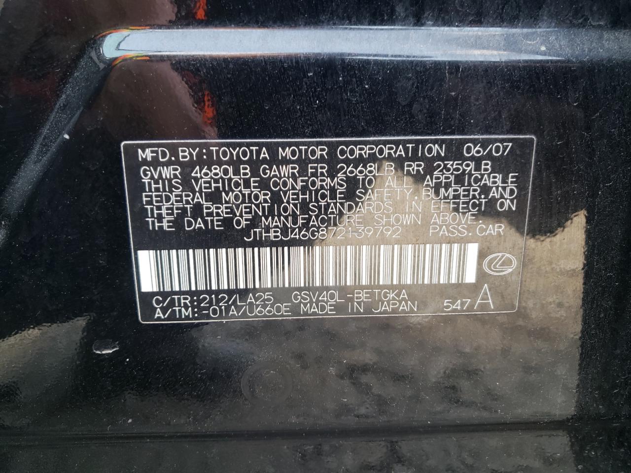 Photo 10 from auction – 2007 LEXUS ES 350 with VIN JTHBJ46G872139792