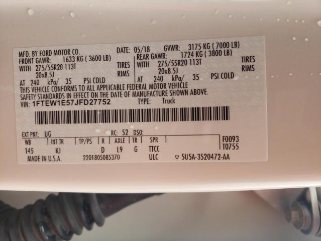FORD F150 SUPER 2018 with VIN 1FTEW1E57JFD27752 - Photo from auction