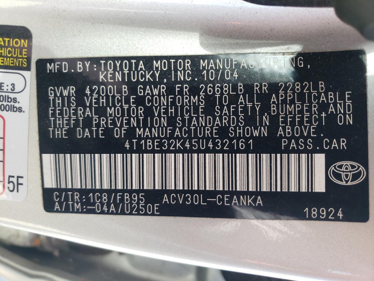 Photo 10 from auction – 2005 TOYOTA CAMRY LE with VIN 4T1BE32K45U432161