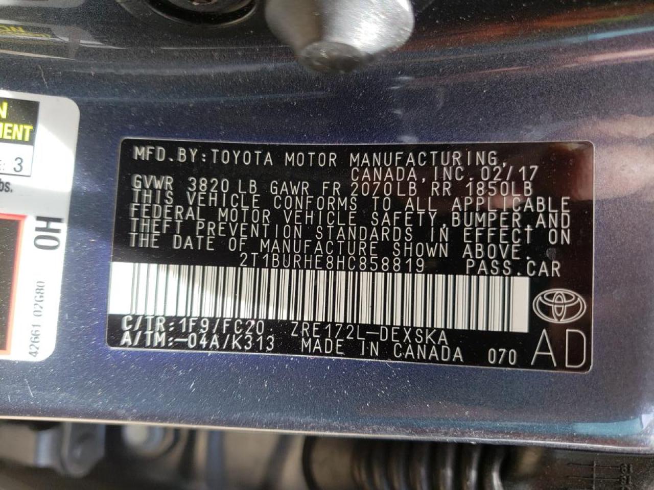Photo 19 from auction – 2017 TOYOTA COROLLA L with VIN 2T1BURHE8HC858819