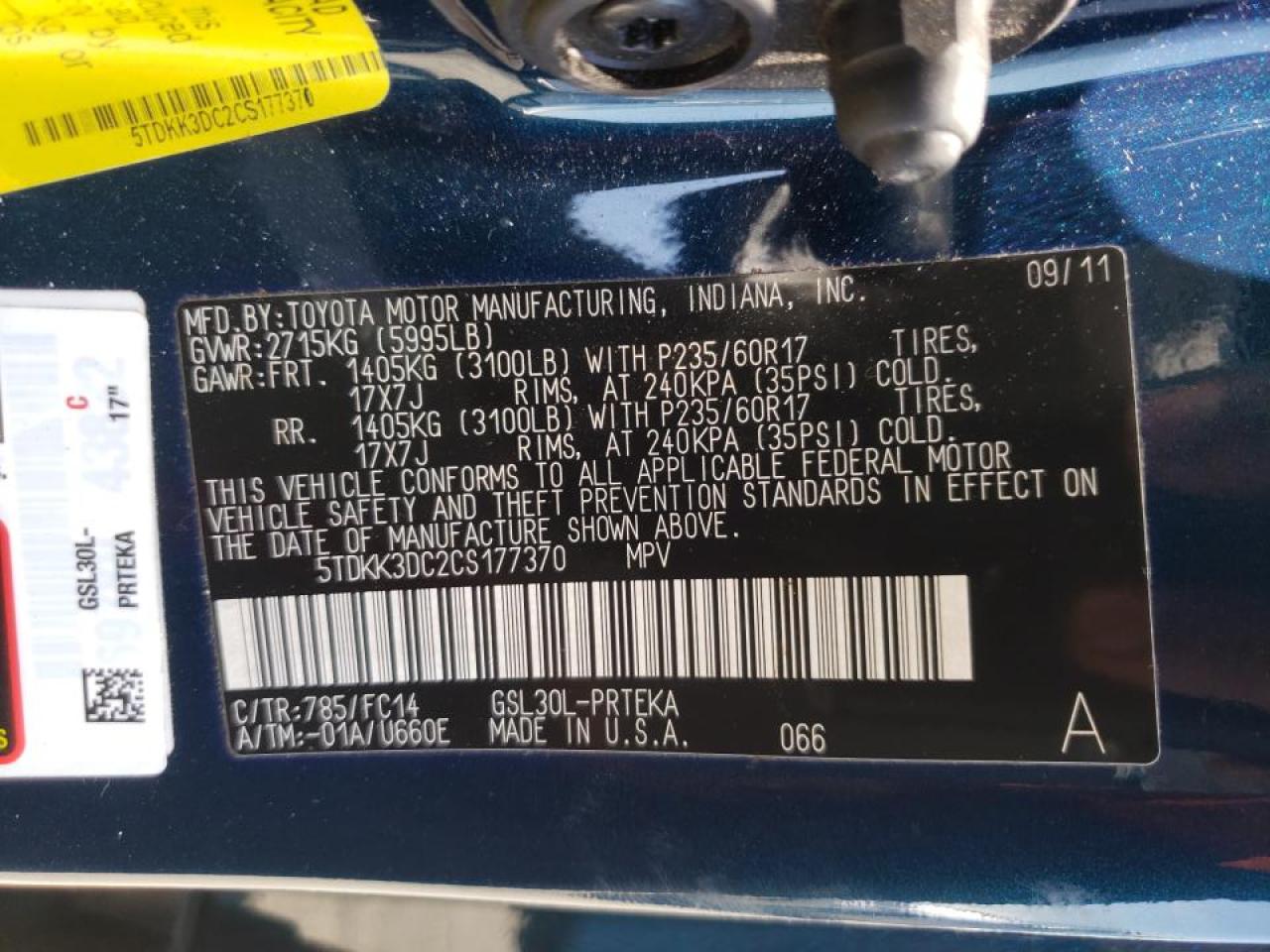 Photo 10 from auction – 2012 TOYOTA SIENNA LE with VIN 5TDKK3DC2CS177370