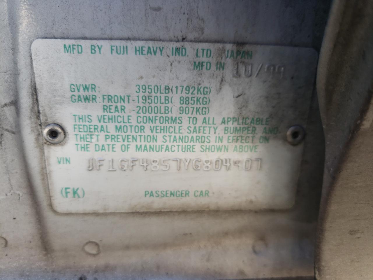 Photo 10 from auction – 2000 SUBARU IMPREZA OU with VIN JF1GF4857YG804907