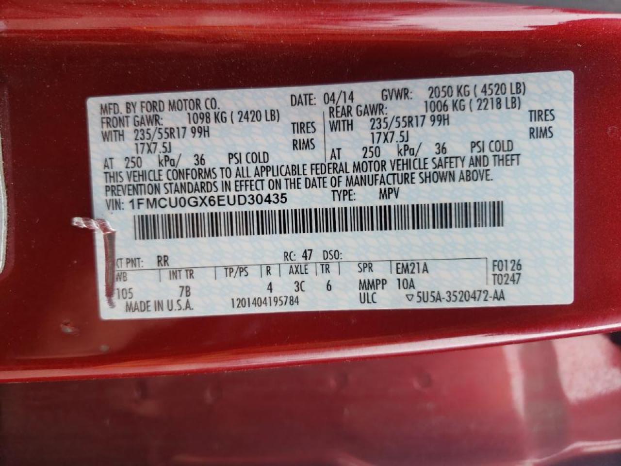 Photo 10 from auction – 2014 FORD ESCAPE SE with VIN 1FMCU0GX6EUD30435