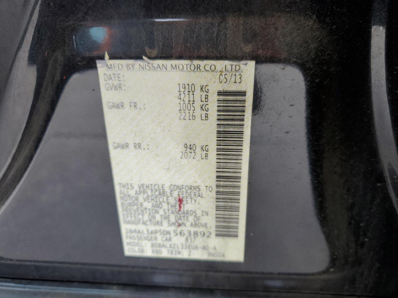Photo 10 from auction – 2013 NISSAN ALTIMA with VIN 1N4AL3AP5DN563892