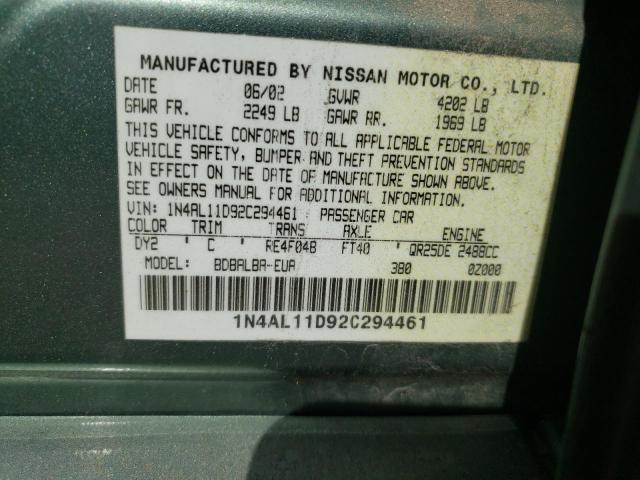 Photo 10 from auction – 2002 NISSAN ALTIMA with VIN 1N4AL11D92C294461