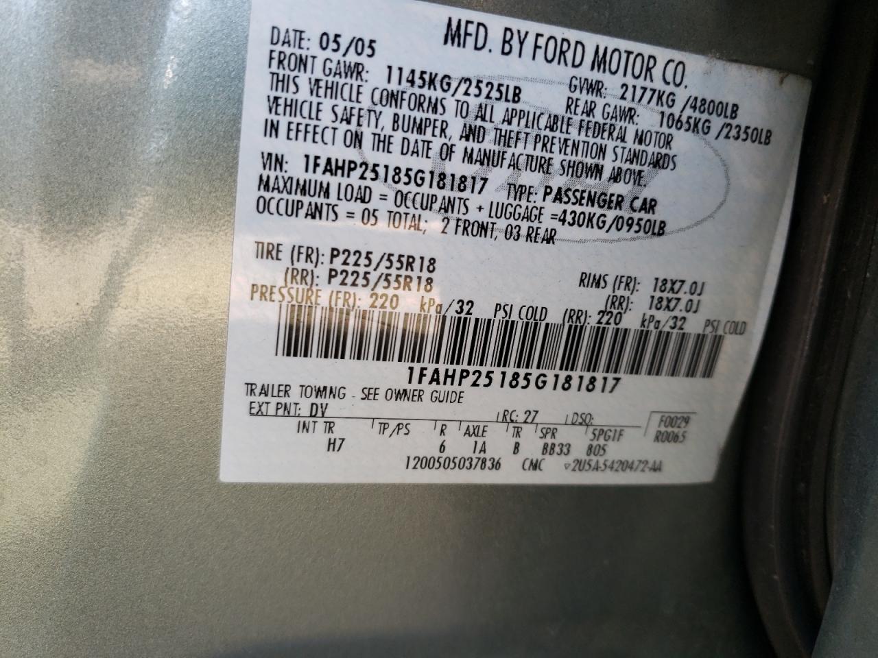 Photo 11 from auction – 2005 FORD FIVE HUNDR with VIN 1FAHP25185G181817