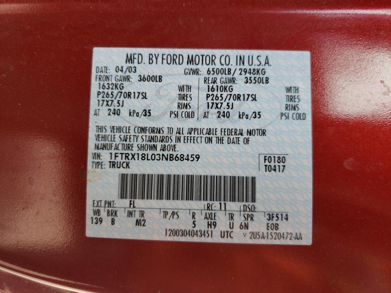 Foto 10 de la subasta – 2003 FORD F150 con VIN 1FTRX18L03NB68459