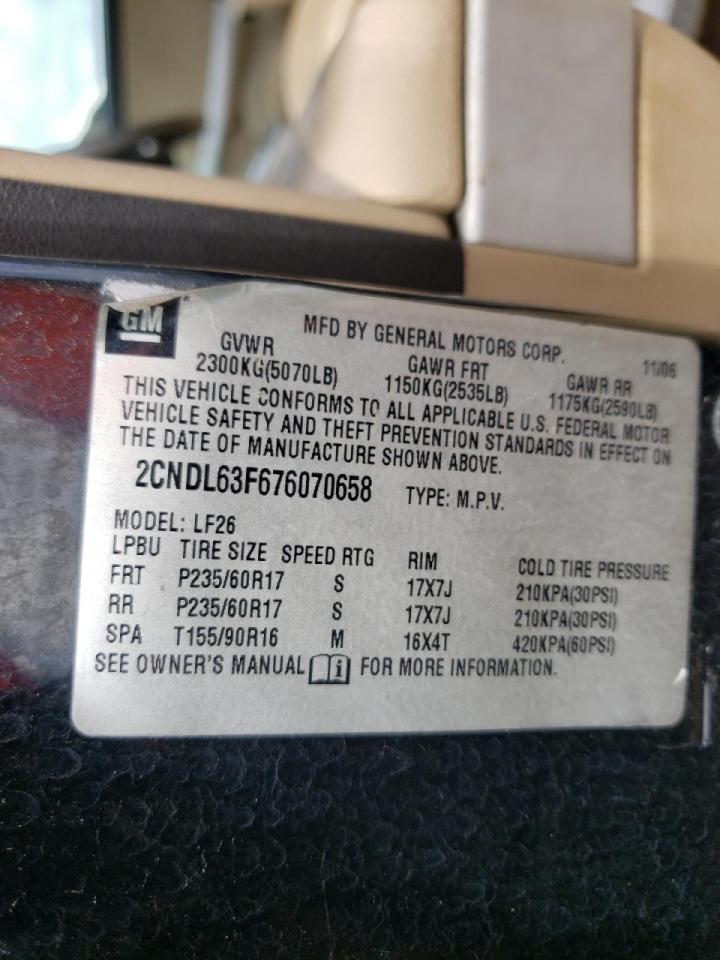 Photo 10 from auction – 2007 CHEVROLET EQUINOX LT with VIN 2CNDL63F676070658