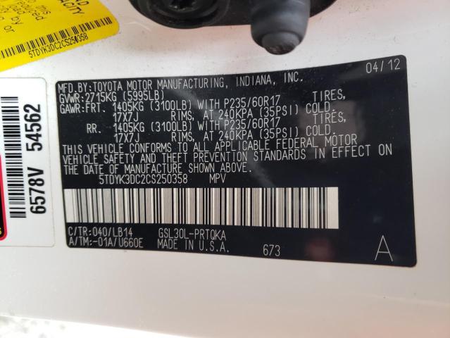 Photo 10 from auction – 2012 TOYOTA SIENNA XLE with VIN 5TDYK3DC2CS250358