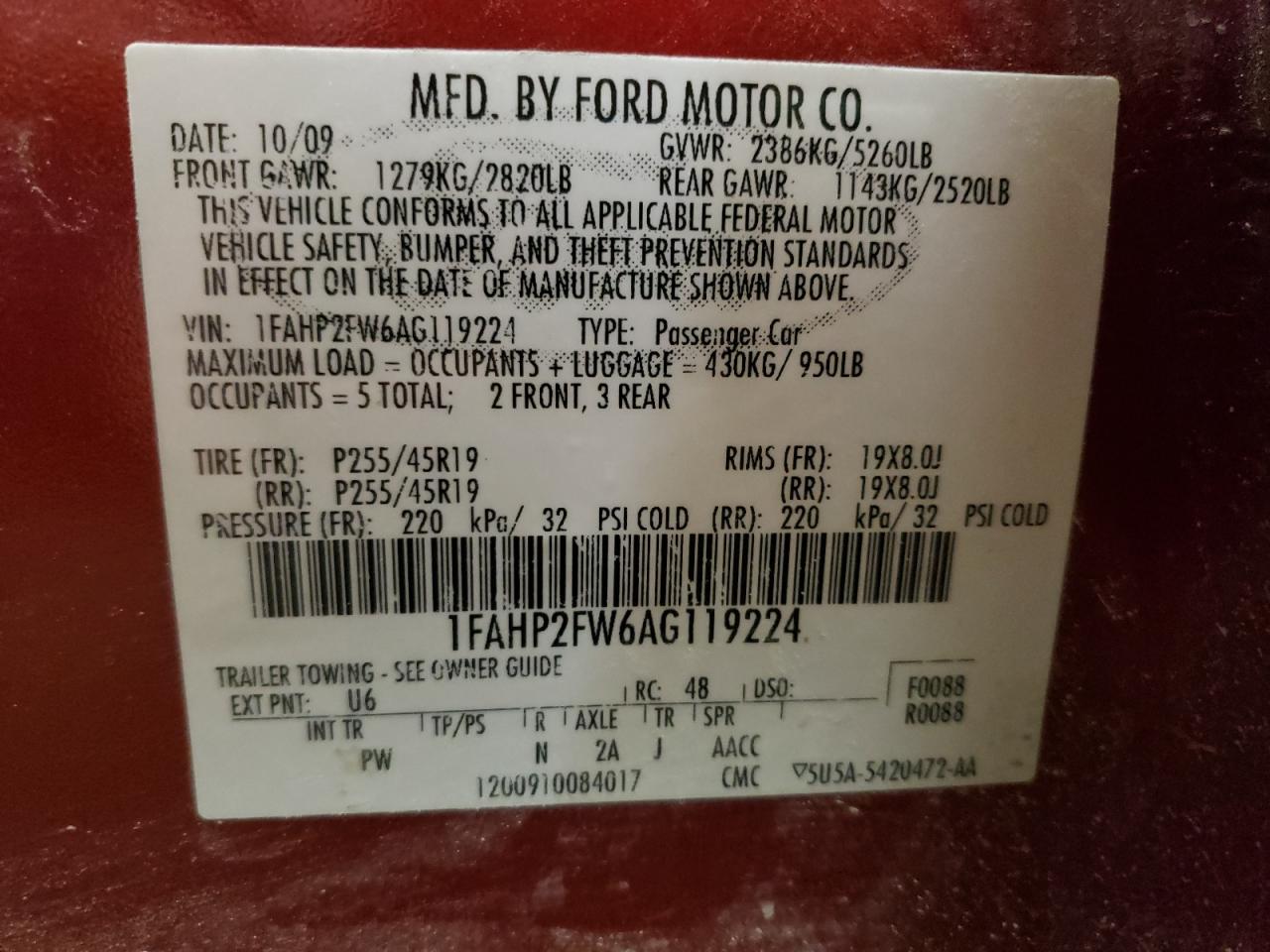 Photo 10 from auction – 2010 FORD TAURUS LIM with VIN 1FAHP2FW6AG119224