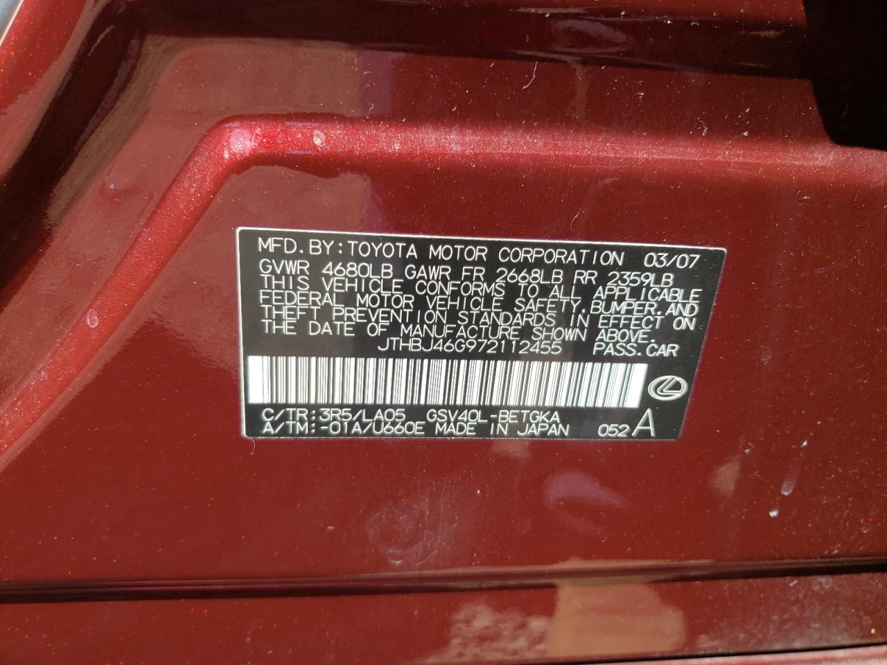 Photo 11 from auction – 2007 LEXUS ES 350 with VIN JTHBJ46G972112455