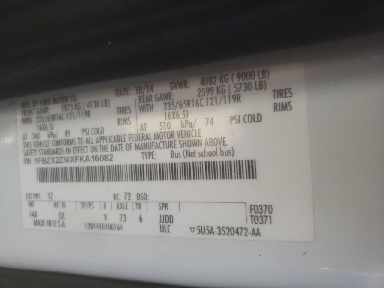 Photo 10 from auction – 2015 FORD TRANSIT T- with VIN 1FBZX2ZMXFKA16082