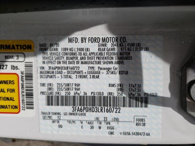 Photo 10 from auction – 2020 FORD FUSION SE with VIN 3FA6P0HD3LR160722