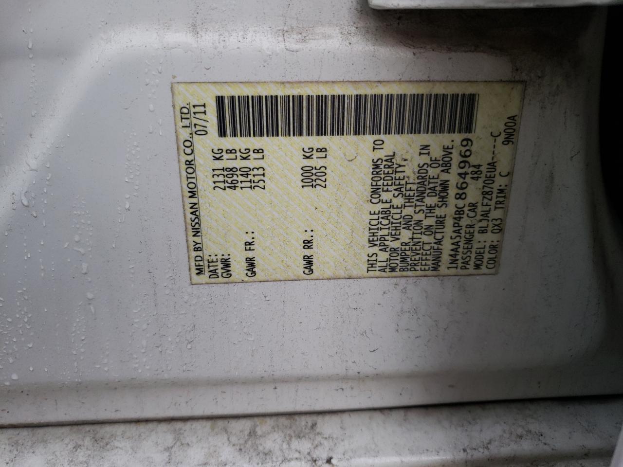 Photo 10 from auction – 2011 NISSAN MAXIMA S with VIN 1N4AA5AP4BC864969