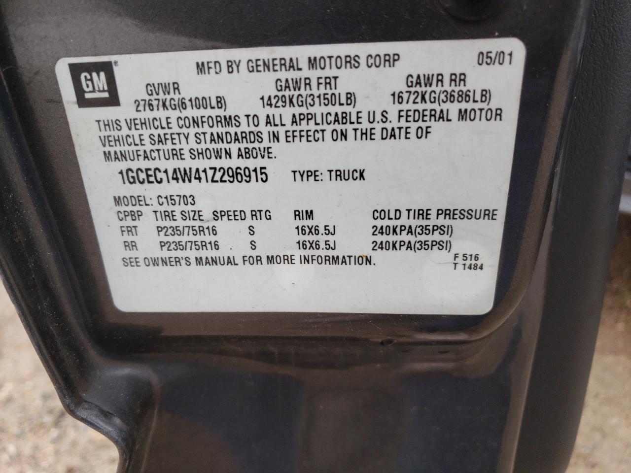 Photo 10 from auction – 2001 CHEVROLET SILVERADO with VIN 1GCEC14W41Z296915