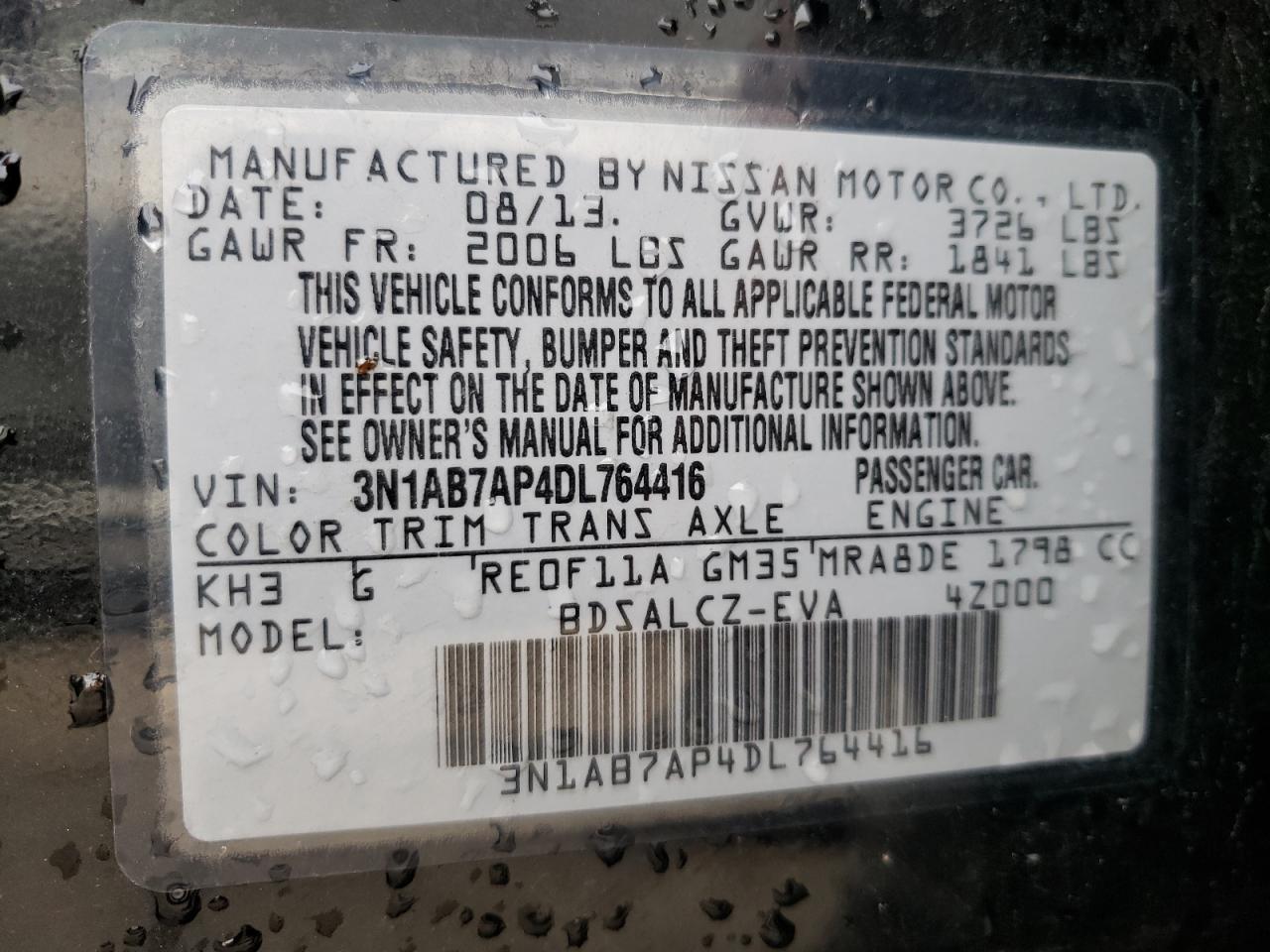 Photo 10 from auction – 2013 NISSAN SENTRA SR with VIN 3N1AB7AP4DL764416