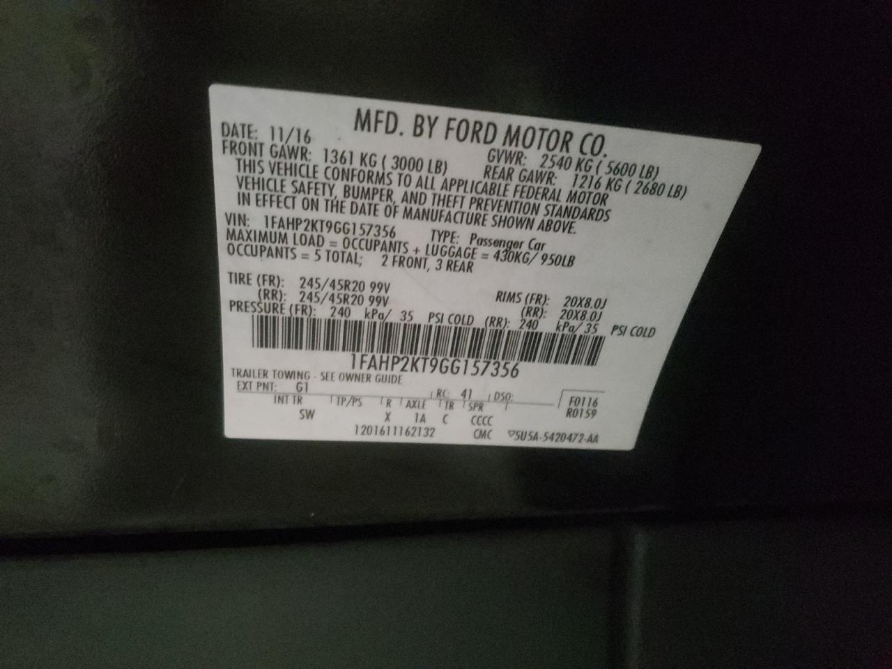 Photo 10 from auction – 2016 FORD TAURUS SHO with VIN 1FAHP2KT9GG157356