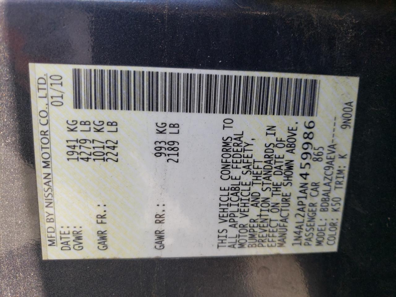 Photo 10 from auction – 2010 NISSAN ALTIMA BAS with VIN 1N4AL2AP1AN459986